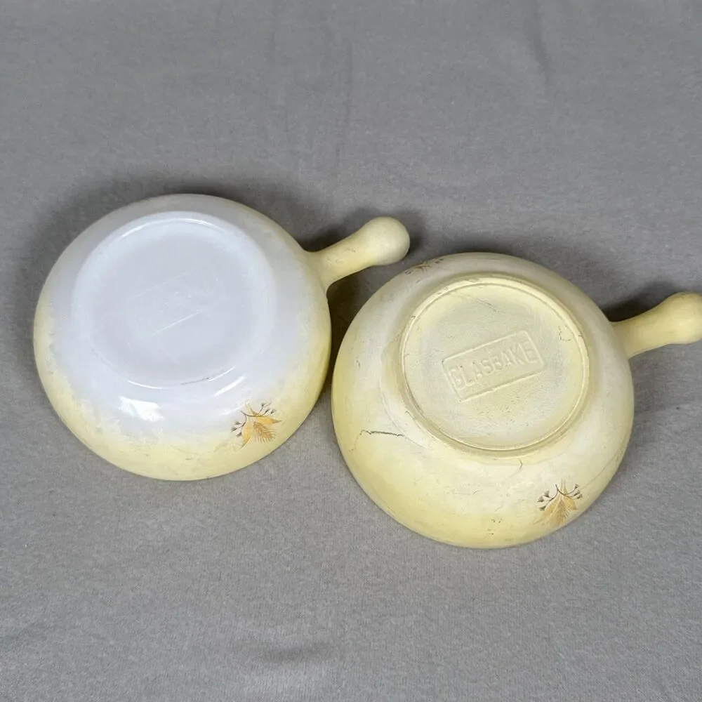 2 Vintage Glasbake Soup Bowls Milk Glass Yellow Wheat  Fair Condition